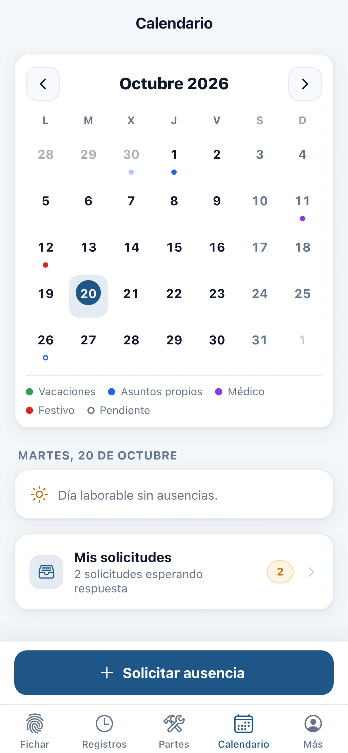 Pantalla de Calendario en la app Geofirma