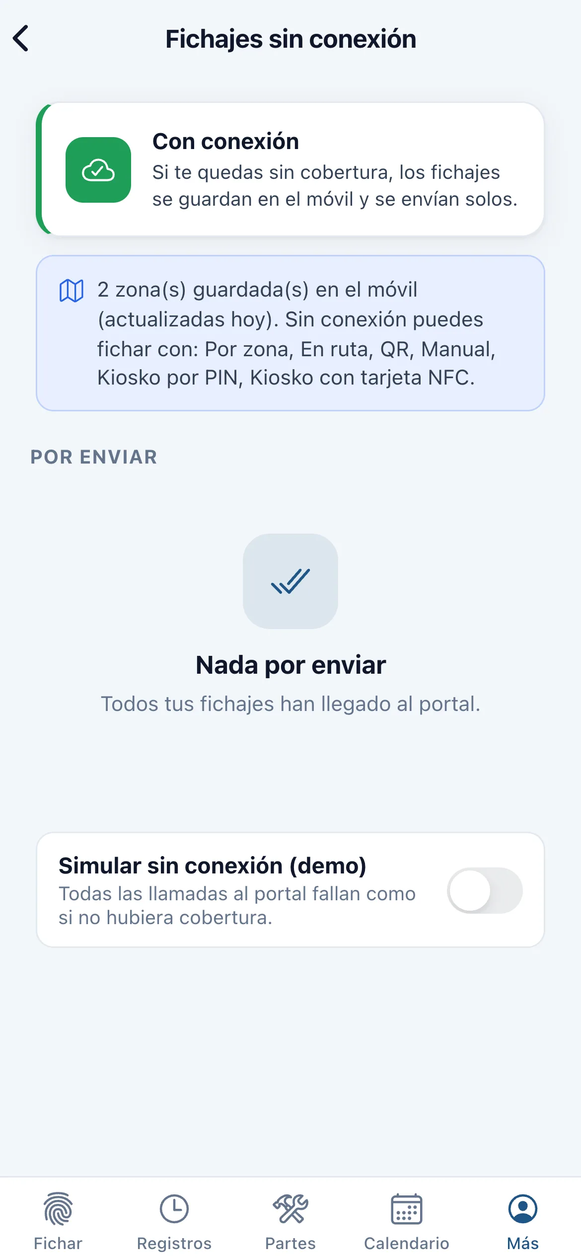 Pantalla de fichajes sin conexión en la app Geofirma