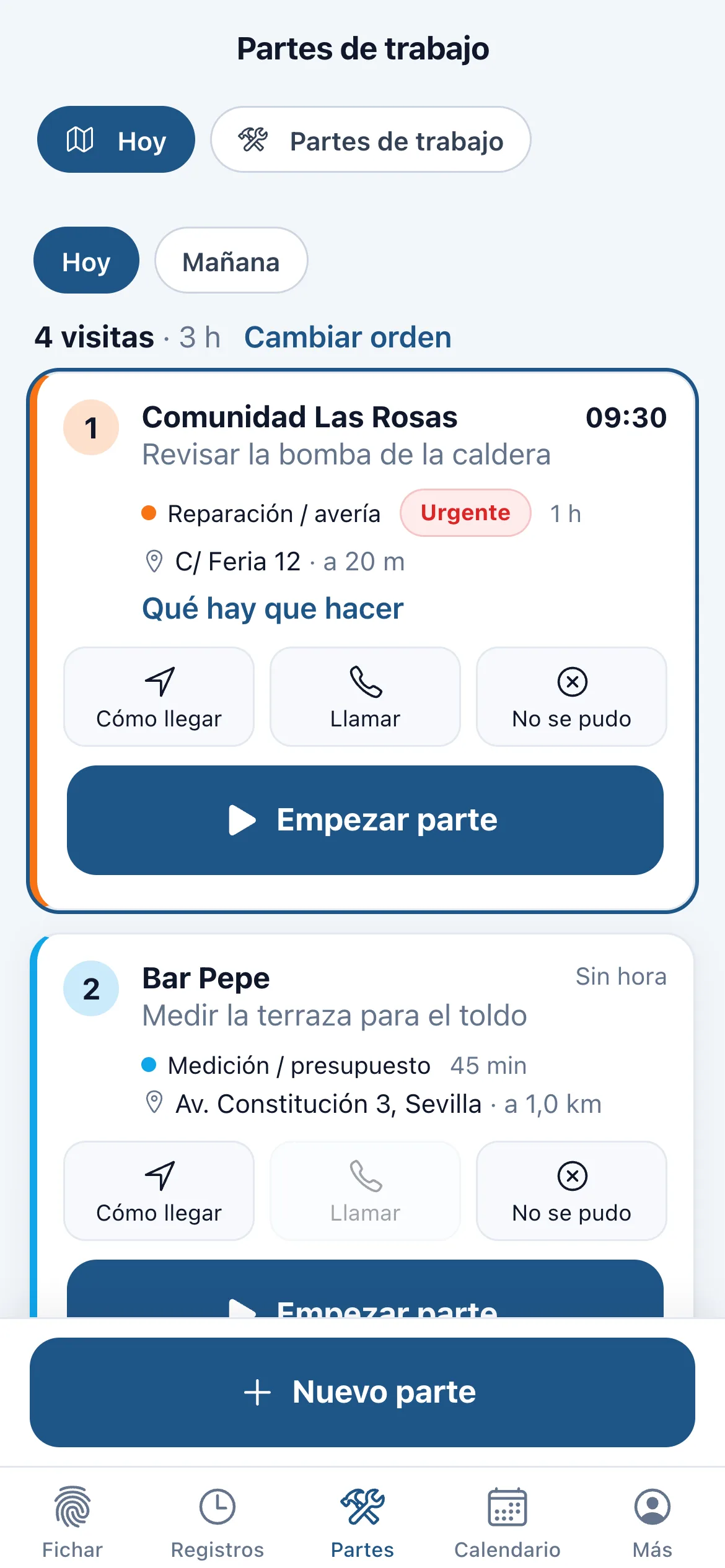 Pantalla de Partes en la app Geofirma
