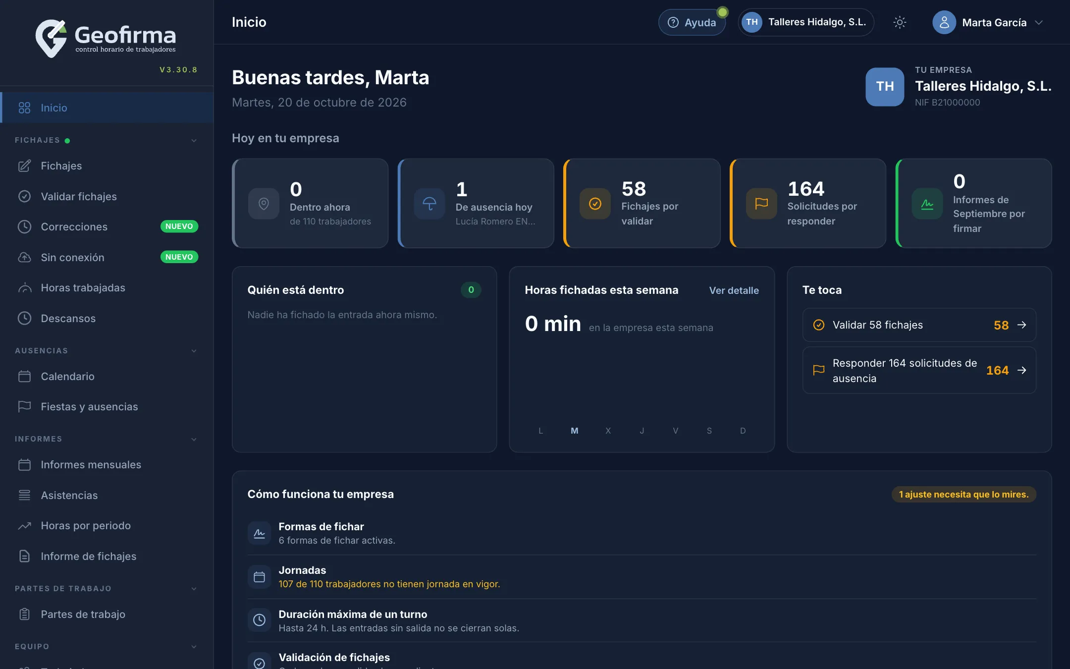 Inicio del portal Geofirma para el administrador de una empresa
