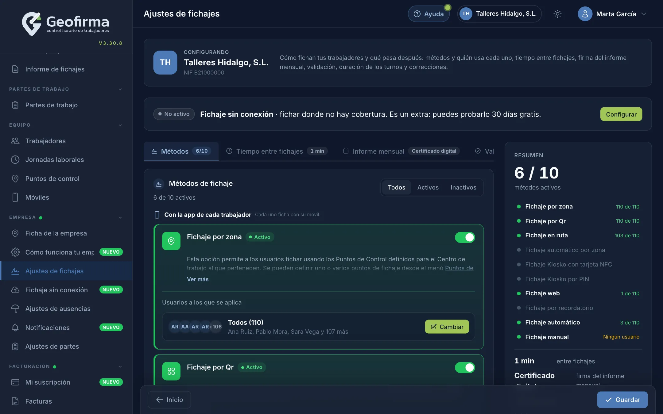 Métodos de fichaje de una empresa en el portal Geofirma