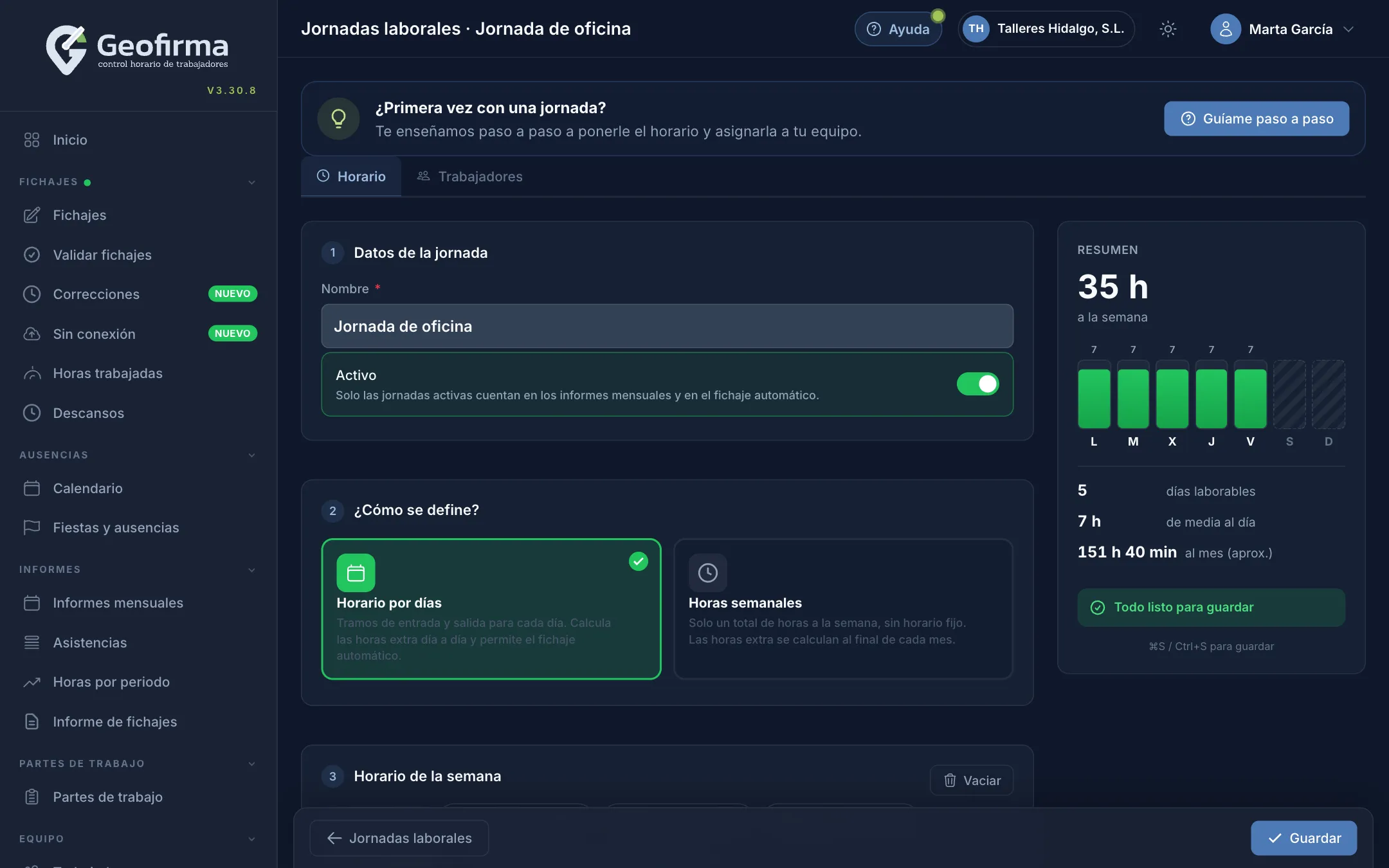 Editor de jornadas laborales del portal Geofirma